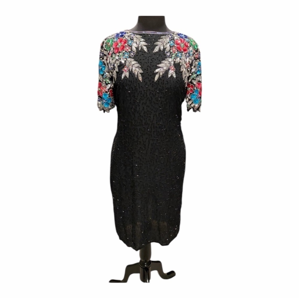 Vintage Stenay Silk Beaded Cocktail Dress 80s 90s Formal Keyhole 🗝️ back
